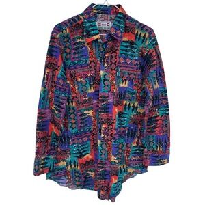 Vintage 80s 90s H Bar C‎ Western Pearl Snap Shirt 16 33 Geometric Aztec Colorful